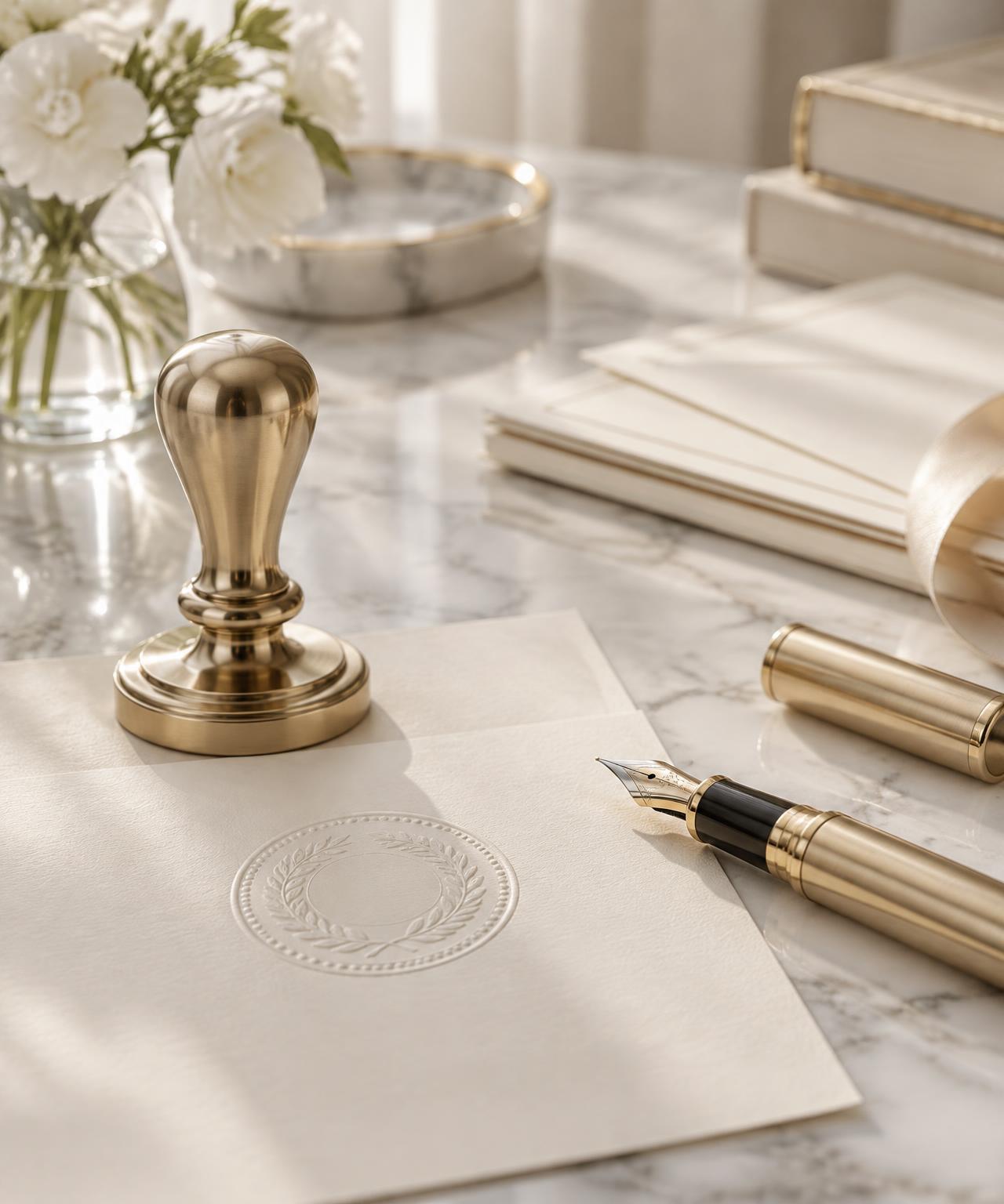 Brass notary seal, gold fountain pen and ivory documents on white marble